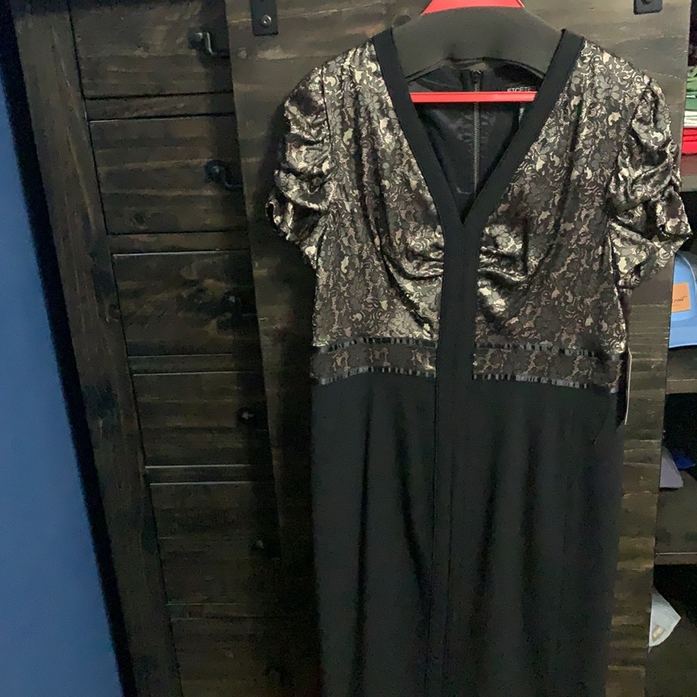 Etcetera ruffled sleeve black and flower pattern dress